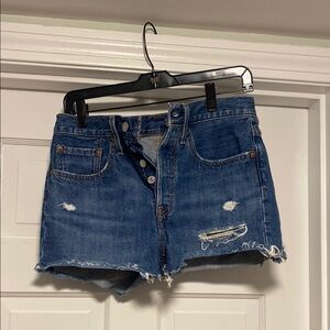 Levi's 501 Dark Blue Distressed Jean Shorts